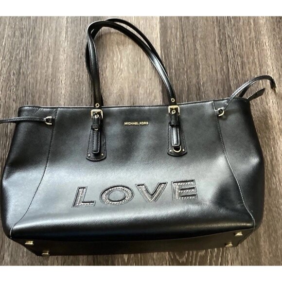 Michael Kors Limited Edition Leather Voyager Love Tote Large Black Canvas - Picture 2 of 16